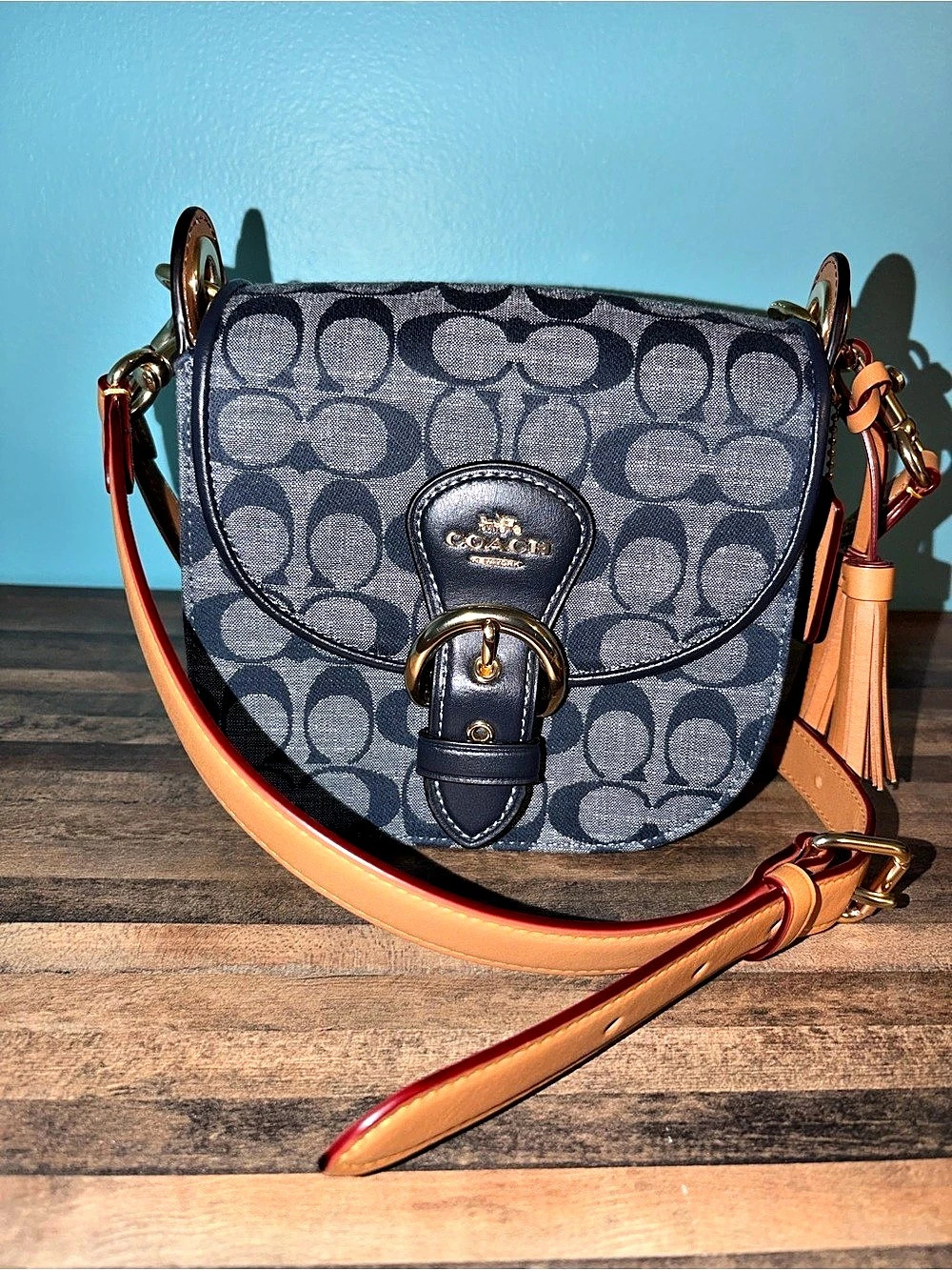 Coach Kleo Beat Saddle Bag In Signature Denim Blue & Brown Two Straps Like New